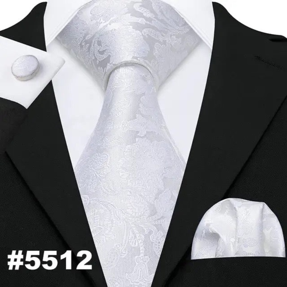 Men’s Silk Coordinated Tie Set - Solid White Paisley Floral